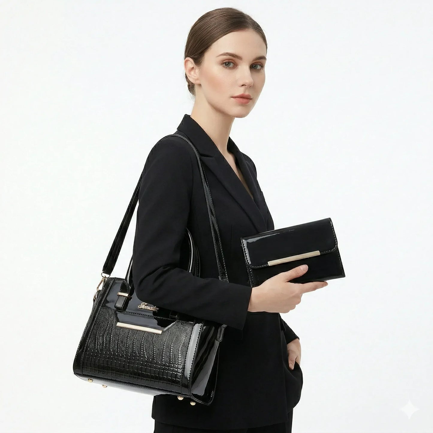 Handbag and Wallet Set in Genuine Leather - Croc