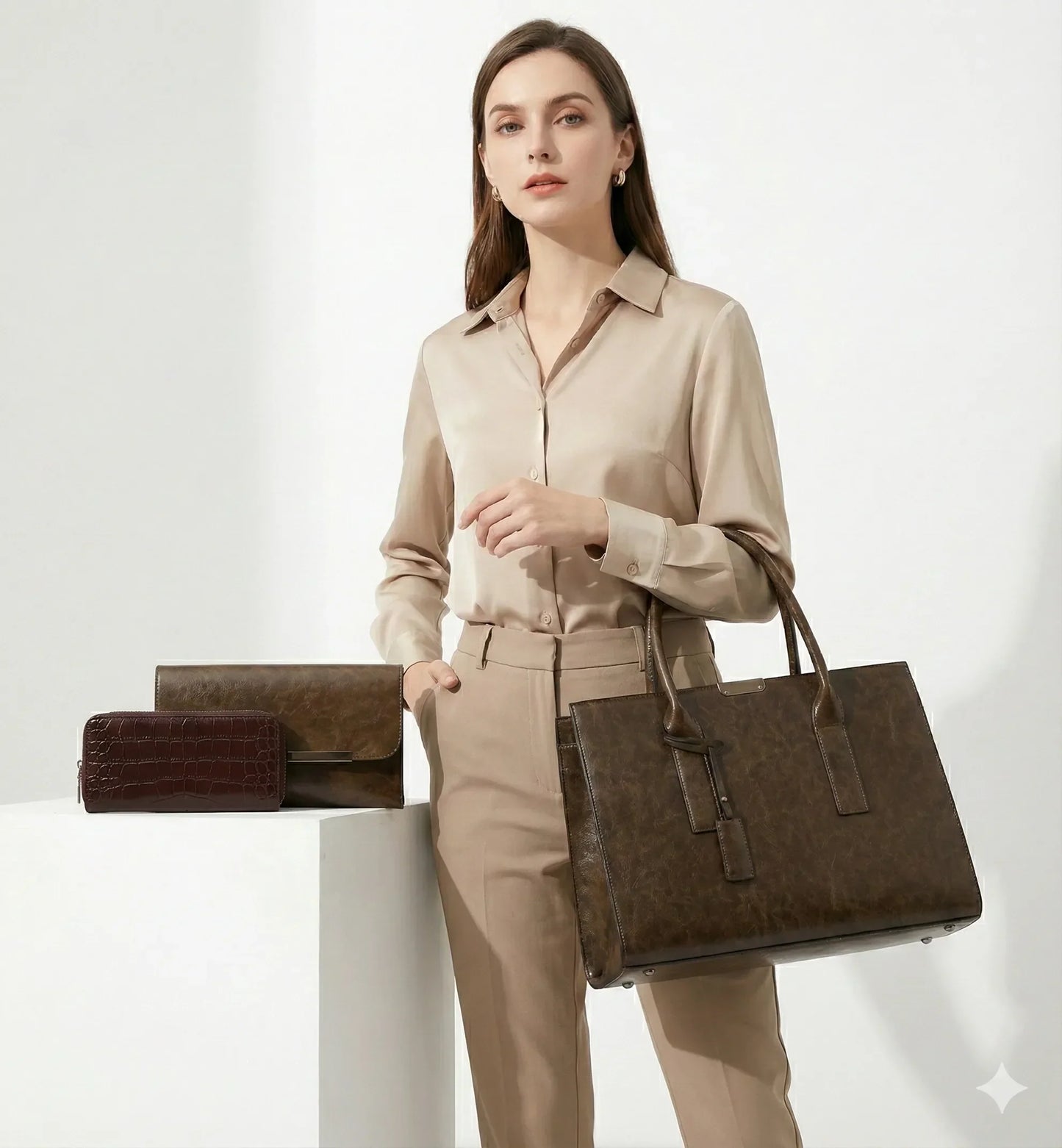 Genuine Leather Set Handbag + 2 Wallets - Zayna