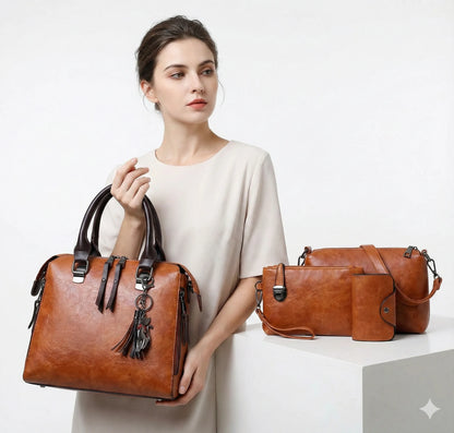 Premium Genuine Leather Set - Handbag + Wallet + Clutch Wallet + Free Pouch