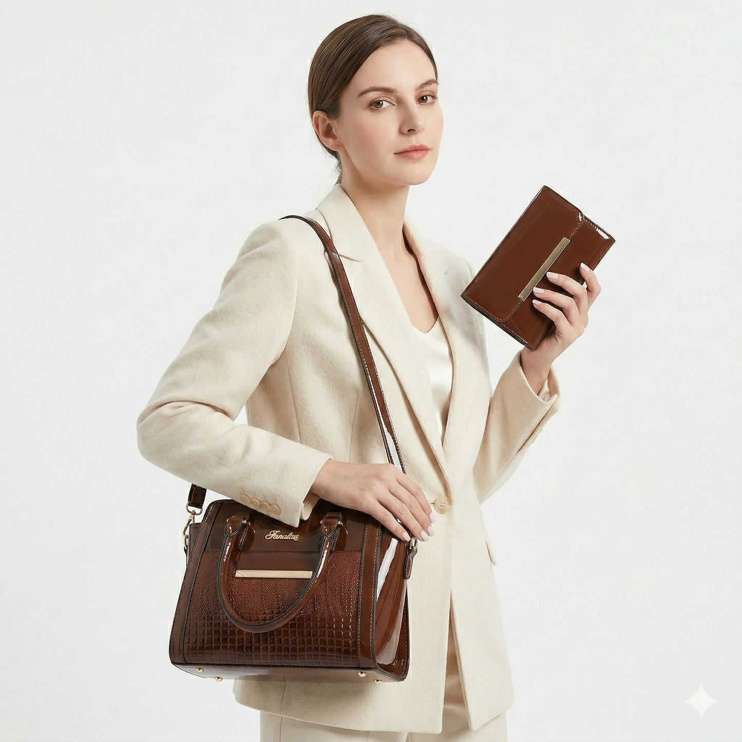 Handbag and Wallet Set in Genuine Leather - Croc