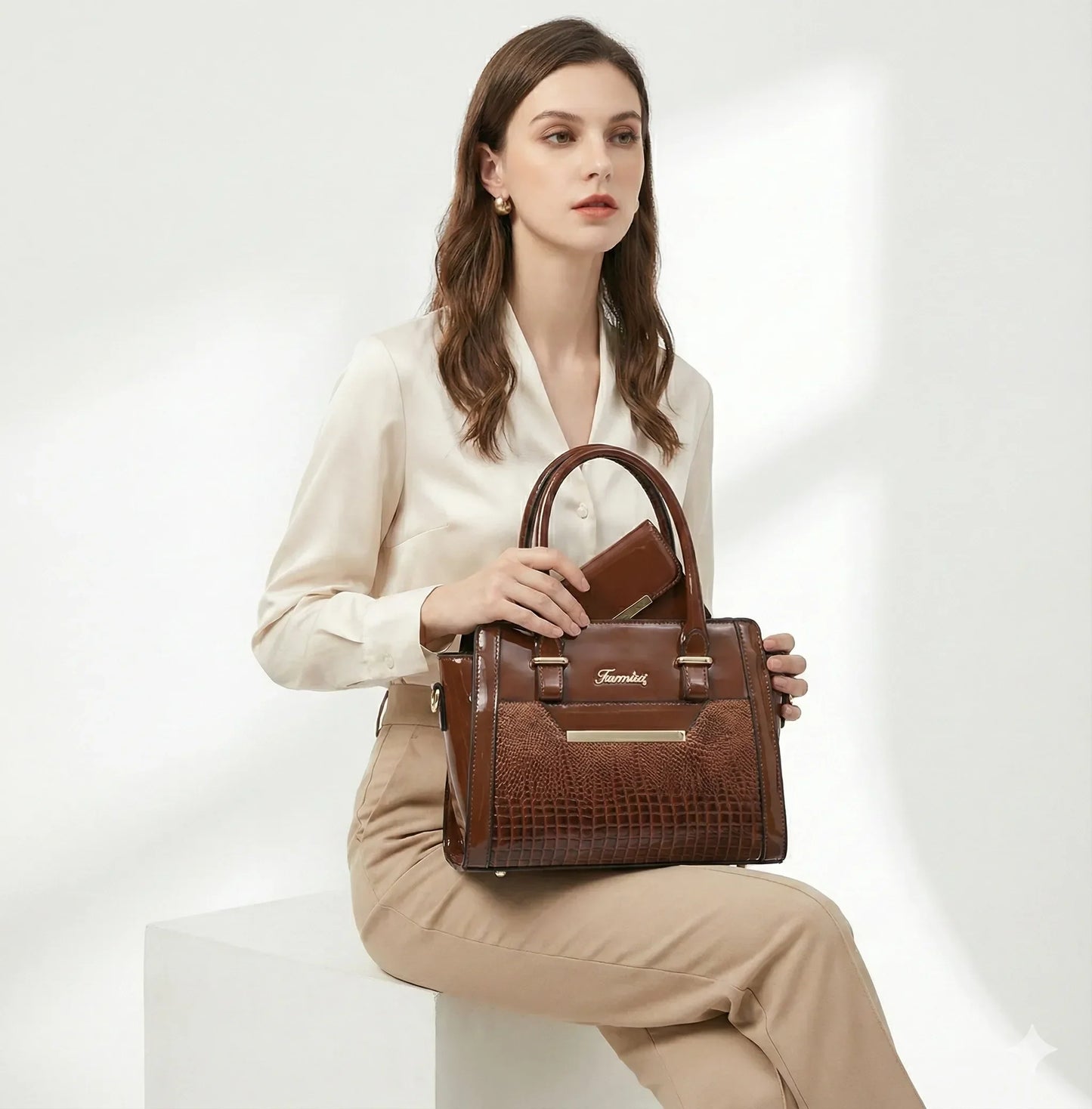 Handbag and Wallet Set in Genuine Leather - Croc