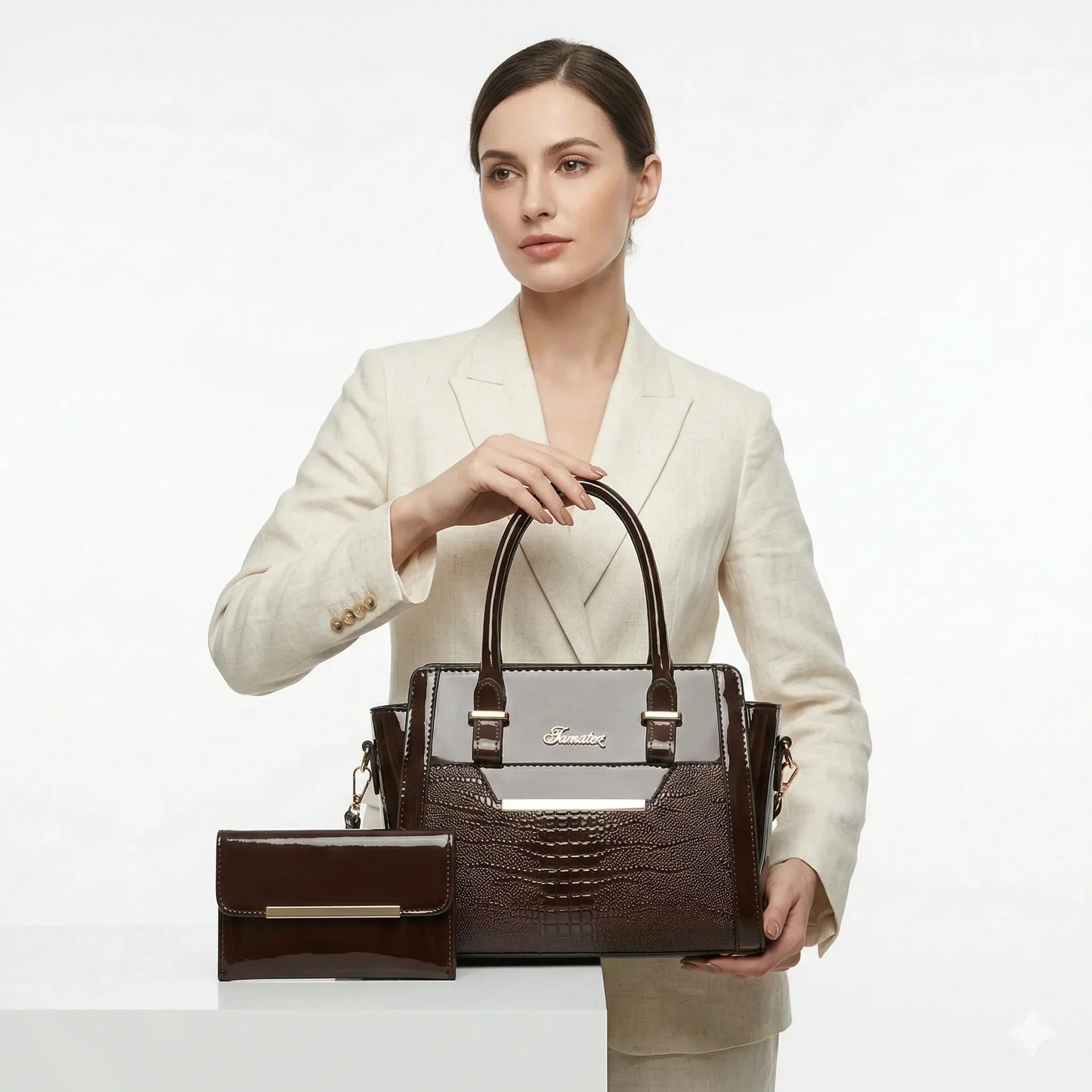 Handbag and Wallet Set in Genuine Leather - Croc