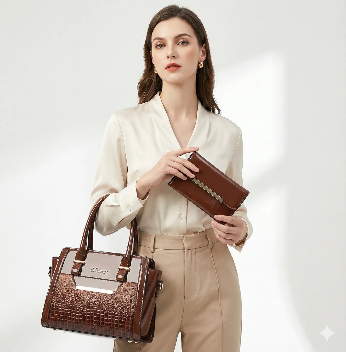 Handbag and Wallet Set in Genuine Leather - Croc