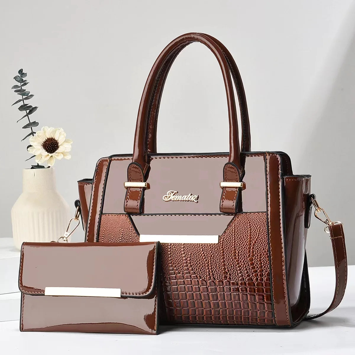 Handbag and Wallet Set in Genuine Leather - Croc