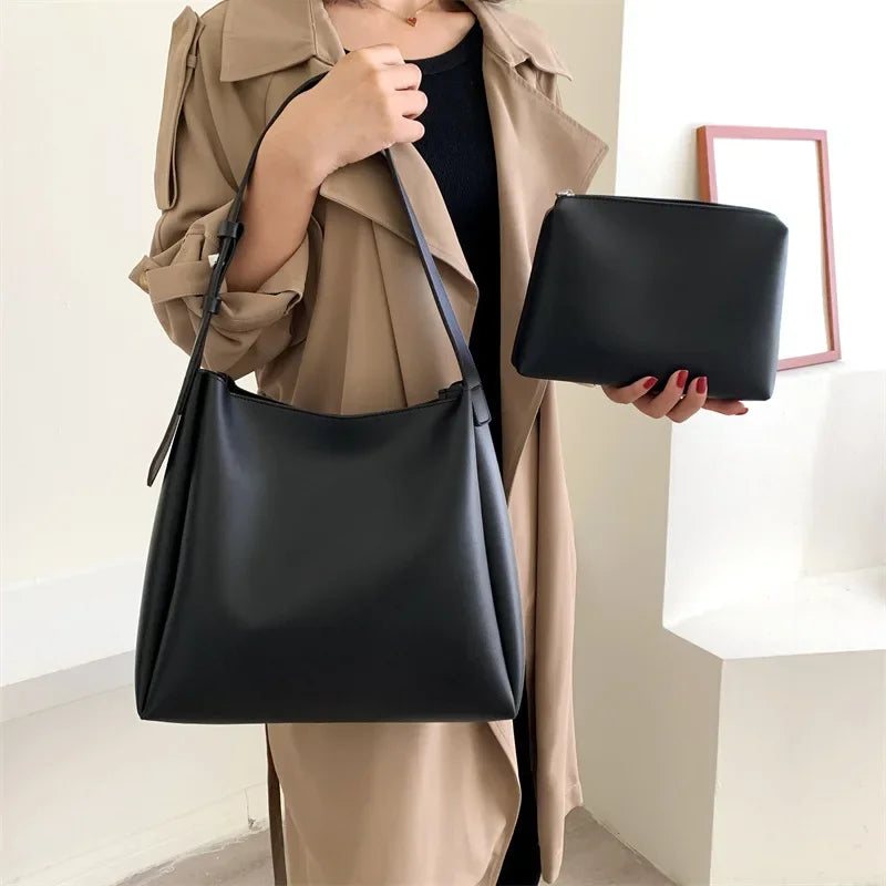 Handbag in Genuine Leather + Pouch - Glass