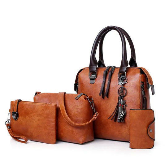 Premium Genuine Leather Set - Handbag + Wallet + Clutch Wallet + Free Pouch