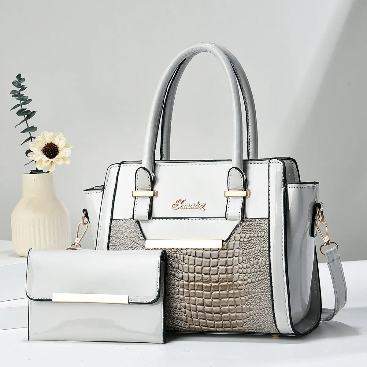 Handbag and Wallet Set in Genuine Leather - Croc